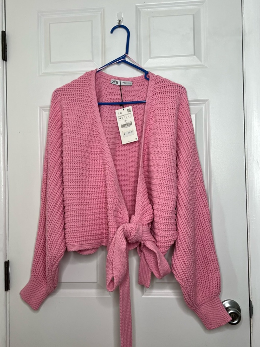 Zara Light Pink Ribbed Wrap V-Neck Sweater with Tie Waist - Picture 4 of 8